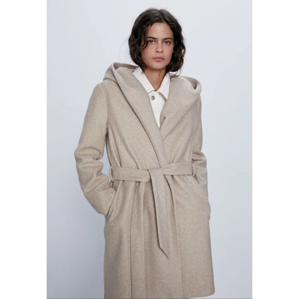 Zara Tan Wrap Robe  Hooded Jacket
